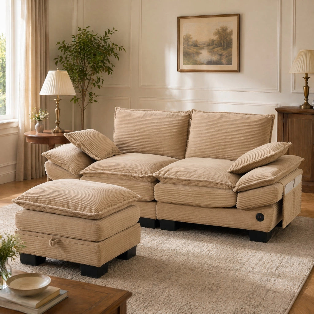 SOFA 2 posti con pouf 190x132x84 cm in tessuto corduroy khaki
