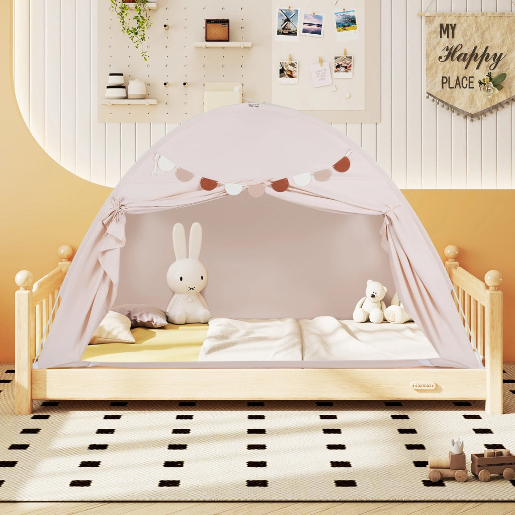 Tenda castello letto matrimoniale 2 finestre bandiere pieghevole-Tenda gioco portatile privacy per bambini 3+ anni Beige