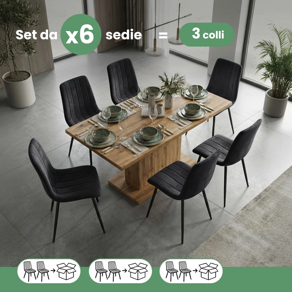 Set di 6 Sedie in velluto trapuntate LIVO Nero gambe nere