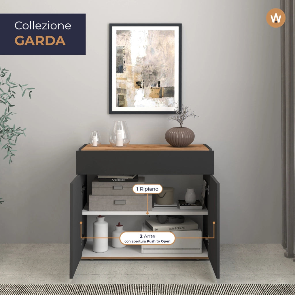 WHOUS Credenza Garda 2 ante e 1 cassetto antracite opaco e rovere 80,9x35x70 cm