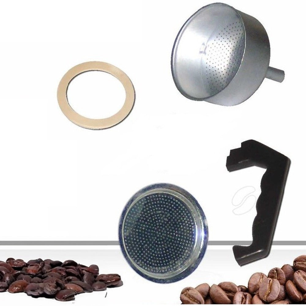 Trade Shop - Kit 4pz Ricambi Filtro Guarnizione Manico Imbuto Caffettiera Moka Misura 2 Tazze -