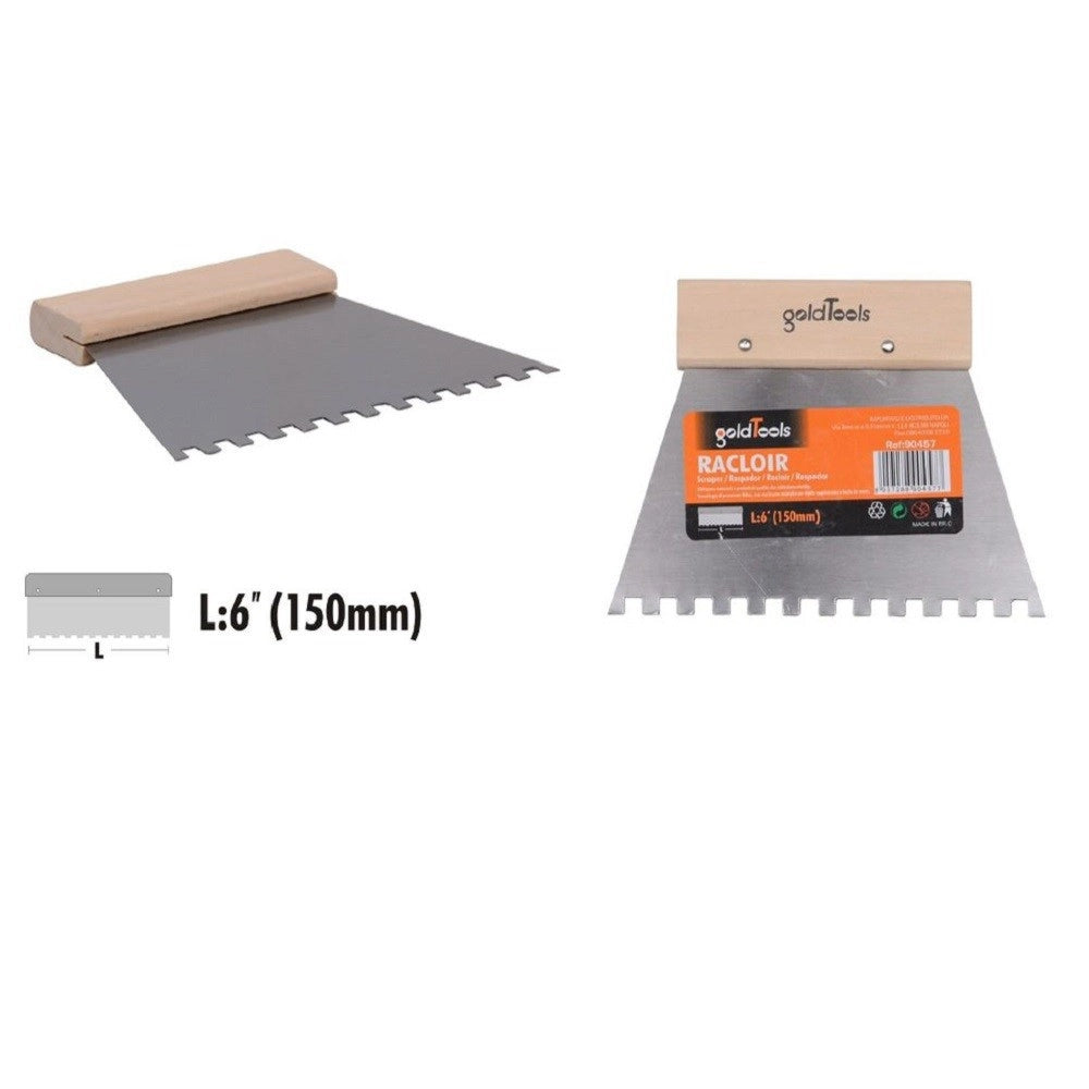 Trade Shop - Spatola Dentata Raschietto Trapezoidale Acciaio Impugnatura Legno 6″ 150mm 90457 -