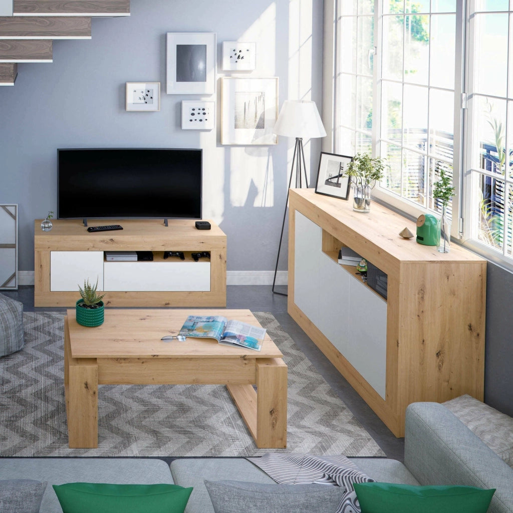 Tavolino da salotto Aspra, Tavolino da caffÒ¨ con piano elevabile, Tavolo basso da soggiorno, cm 105x55h45/56, Rovere nodi