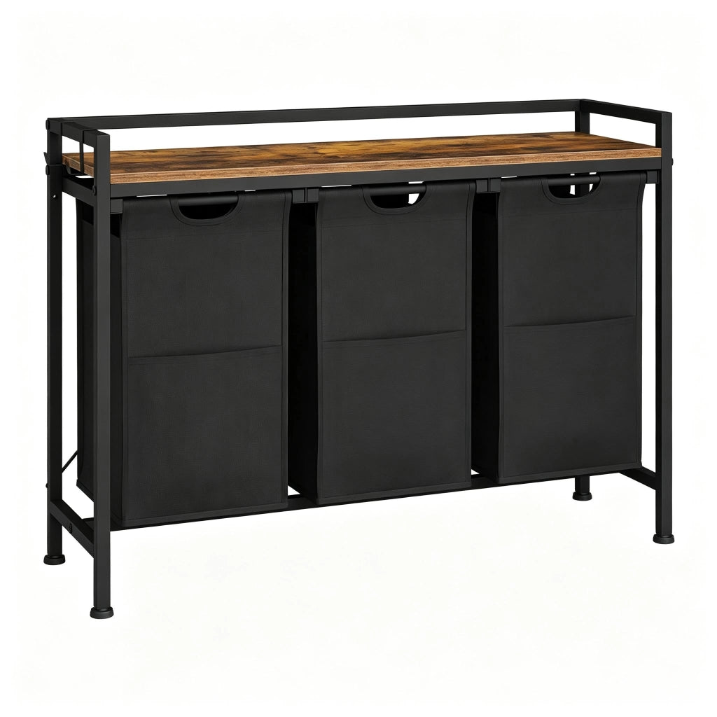 Mobile portabiancheria con 3 cesti estraibili e ripiano, nero e marrone rustico 96x30x71 cm