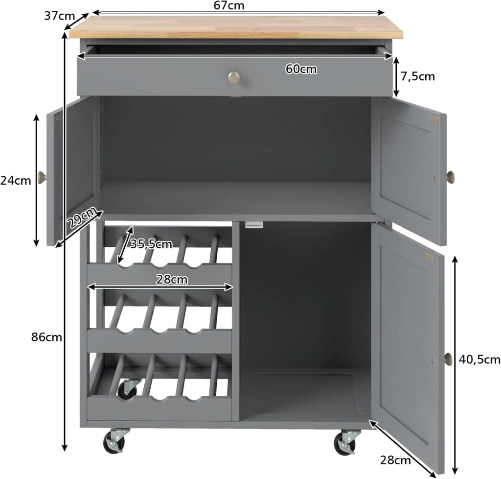 Carrello da cucina mobile con cassetto, porte e ripiani per bottiglie, isola di cucina con ruote e coperchio in legno di gomma, 67 x 37 x 86 cm, mobile di stoccaggio per sala da pranzo (grigio