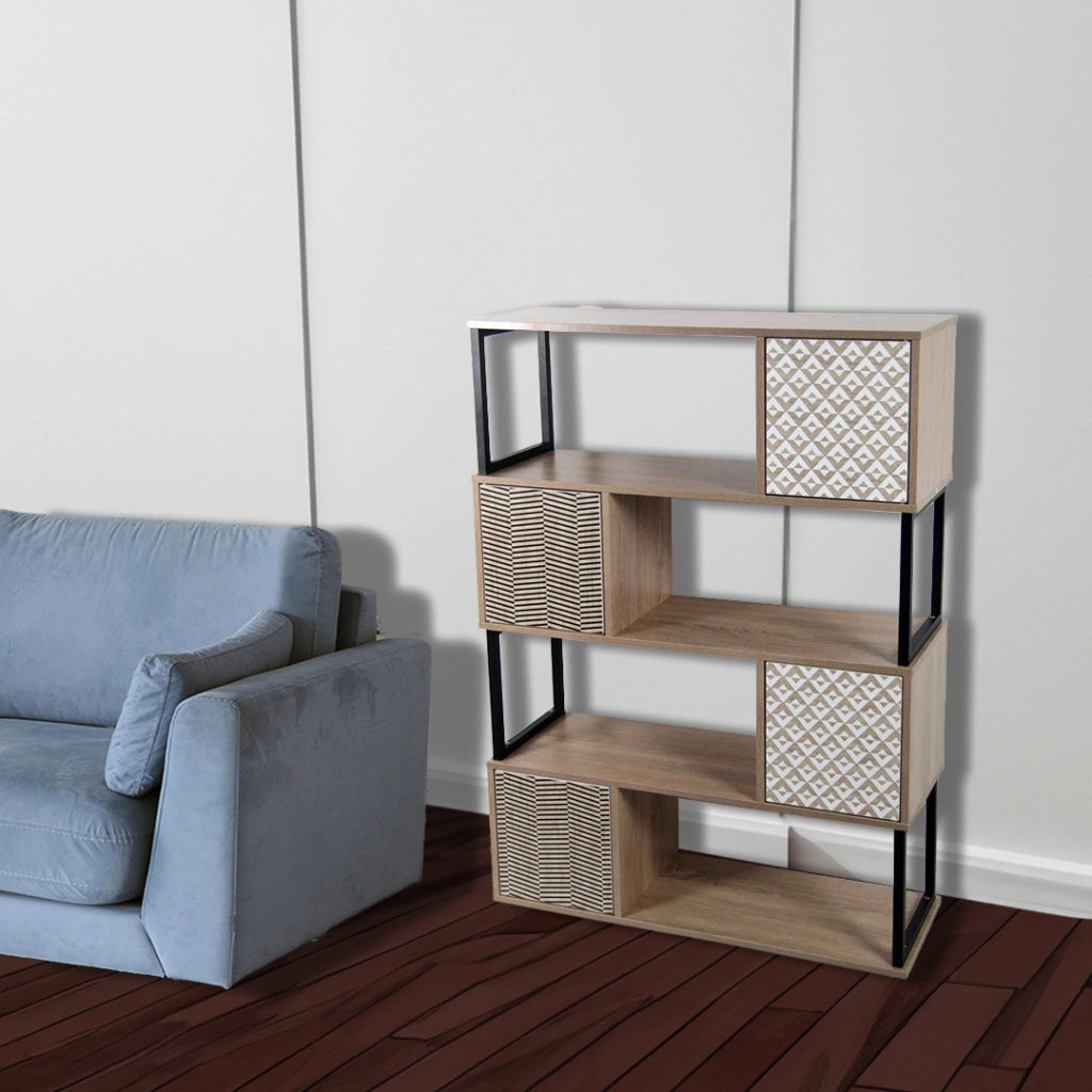 SCAFFALE IN LEGNO DECORATO A 3 CUBI E VANI APERTI 90X30X126CM