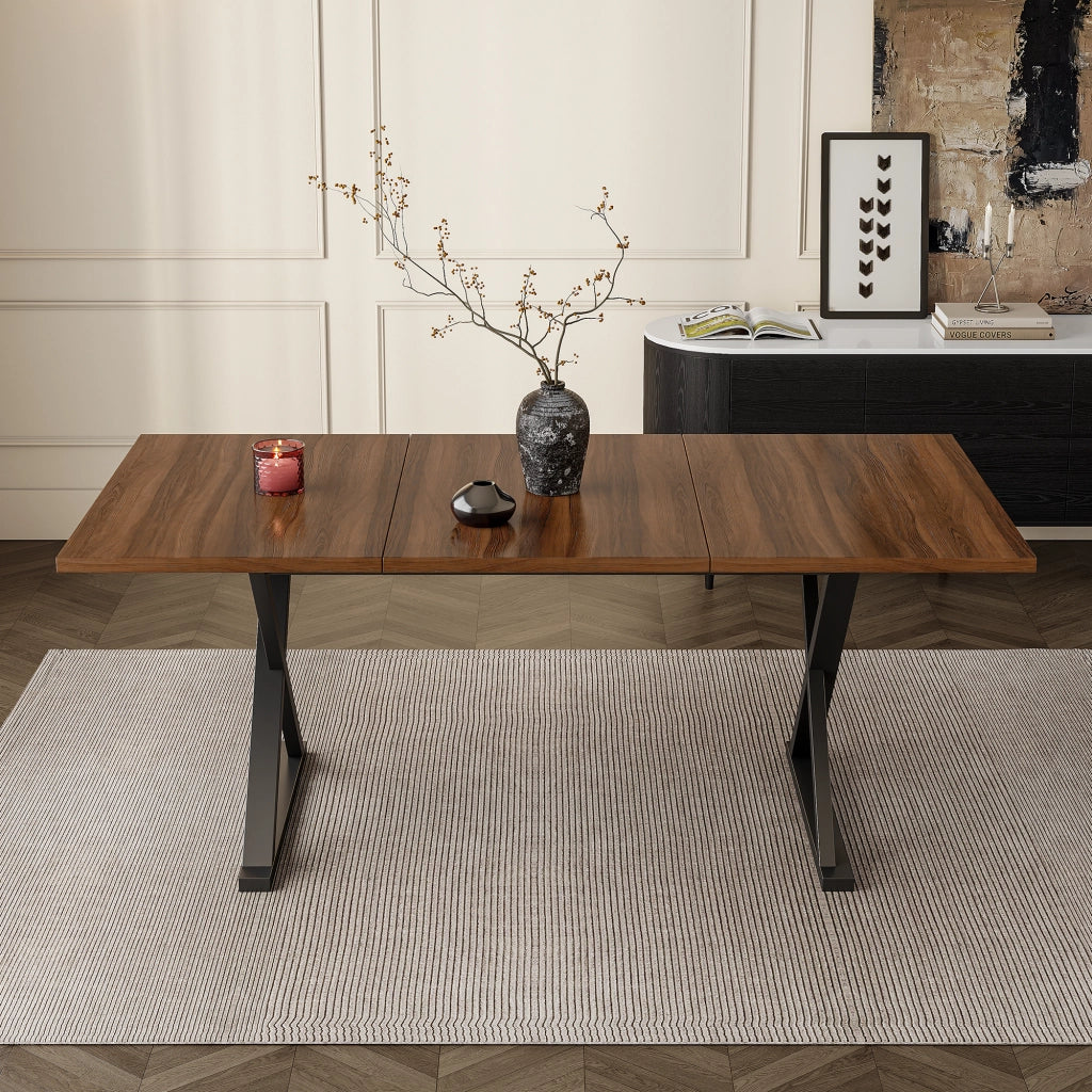 Tavolo da pranzo per 6-8 persone con gambe in metallo a X design minimalista in MDF noce e nero 180 × 90 cm