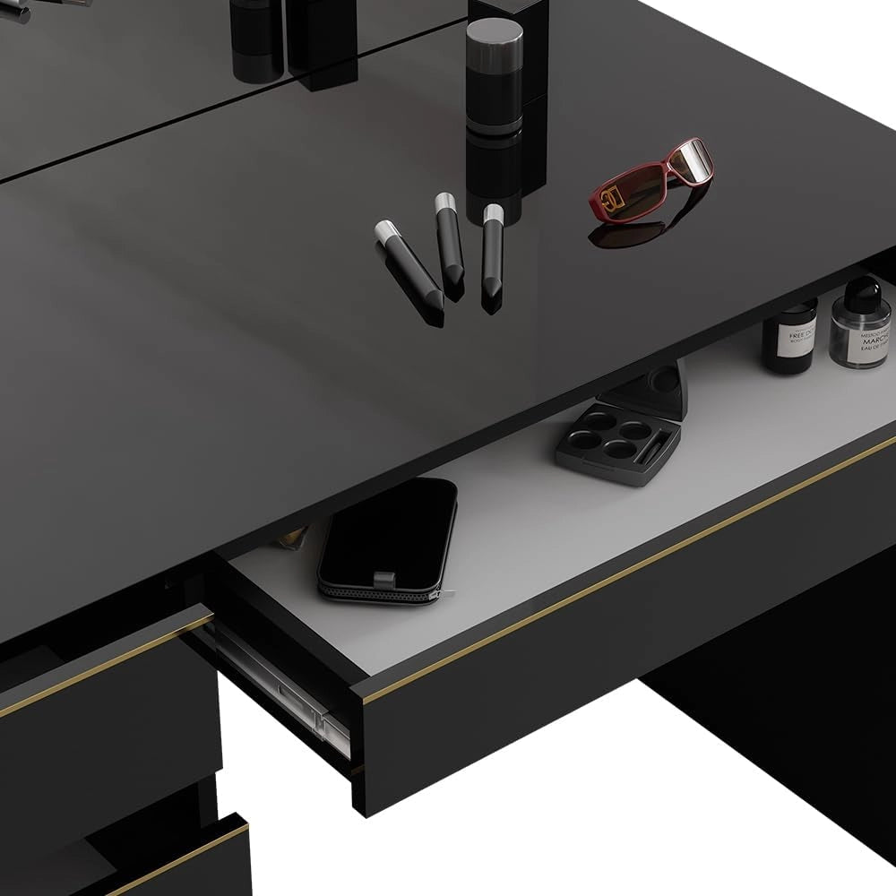 Tavolo da toeletta Sherry, Nero/oro, 120 cm con sgabello, inclusi sgabello e grande specchio per l’uso quotidiano