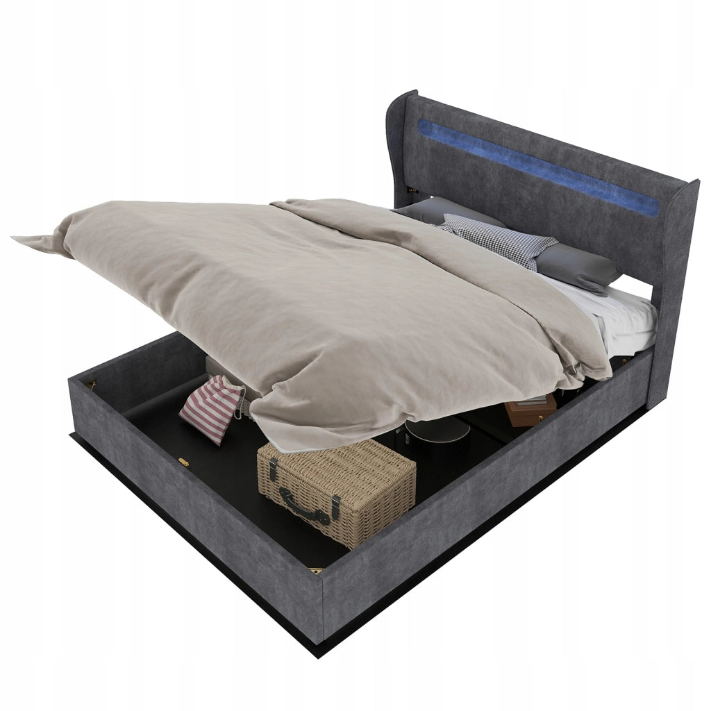 Letto imbottito 140x200 - Xylo - Grigio con LED e struttura sollevabile