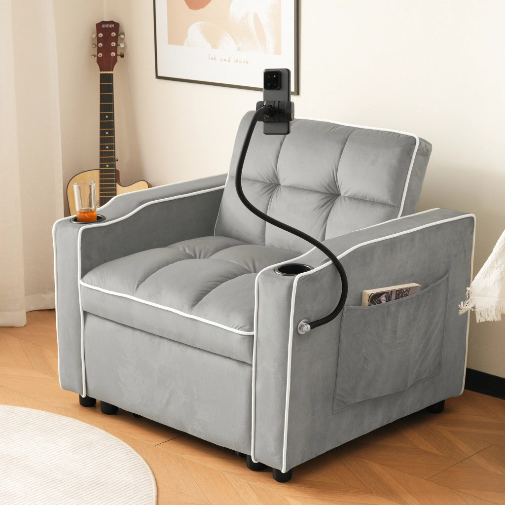 Divano letto singolo 3 in 1 - con portabicchieri e porta telefono - in velluto - grigio anticato