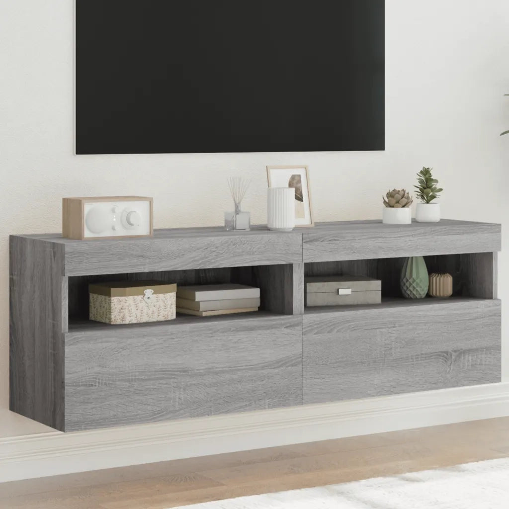 Mobili TV a Parete con Luci LED 2 pz-Credenza per TV sospesa Grigio Sonoma 60x30x40 cm