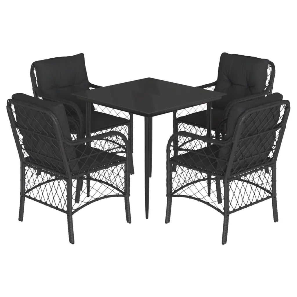Set da Pranzo da Giardino 5 pz Nero con Cuscini in Polyrattan