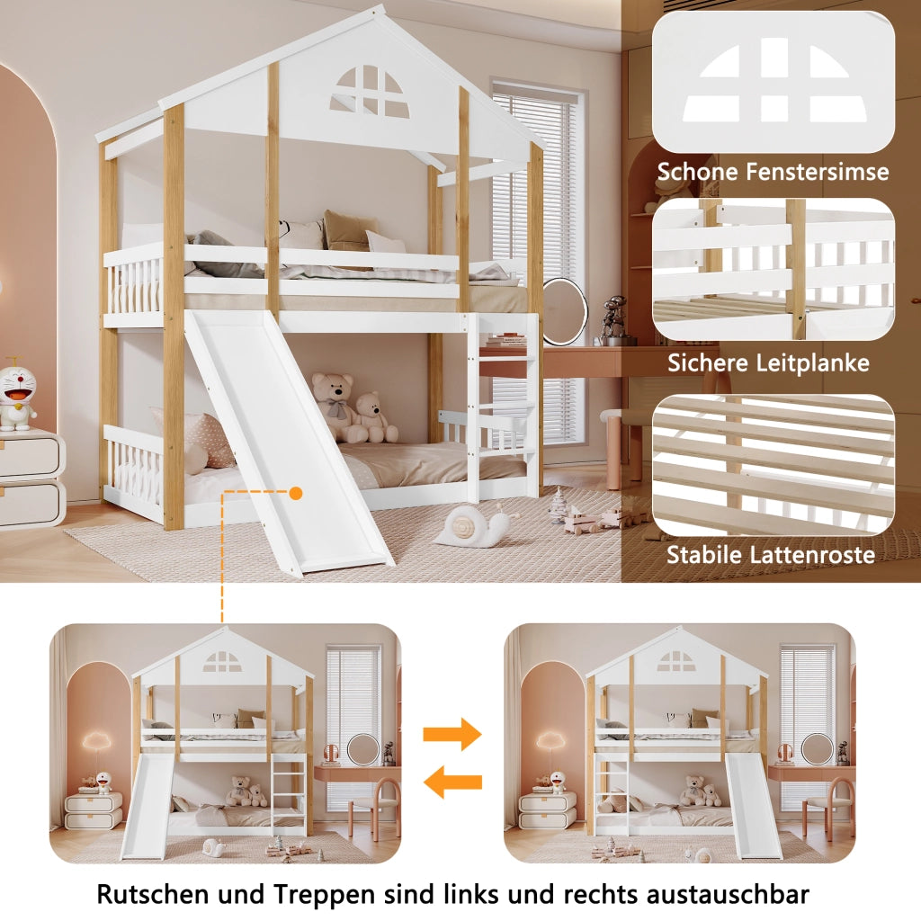 OKWISH Letto a Castello 90×200 cm, Letto Singolo con Scivolo, Scala 3 Gradini e Finestra, senza Materasso, in Legno, Bianco e Naturale