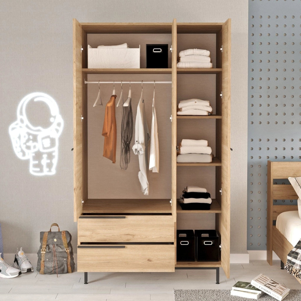 Armadio Camera da Letto Oricola, Guardaroba 3 Ante 5 Ripiani, 112x55 cm Marrone Rovere
