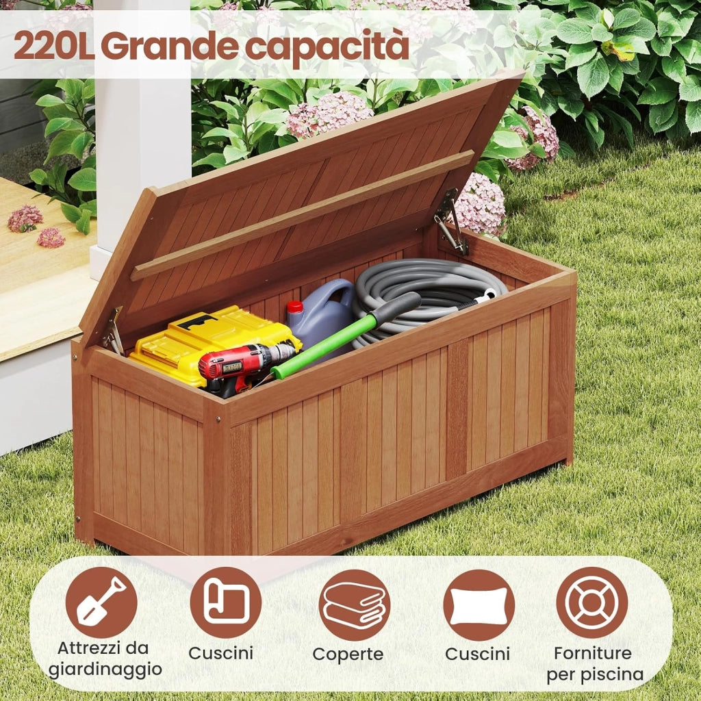 Baule da Giardino 220L, 3 in 1 Cassapanca Contenitore in Legno Massello con Coperchio Ribaltabile e Bordi Rialzati, Panca Portaoggetti per Interni e Esterni, 113,5 x 52 x 58,5 cm