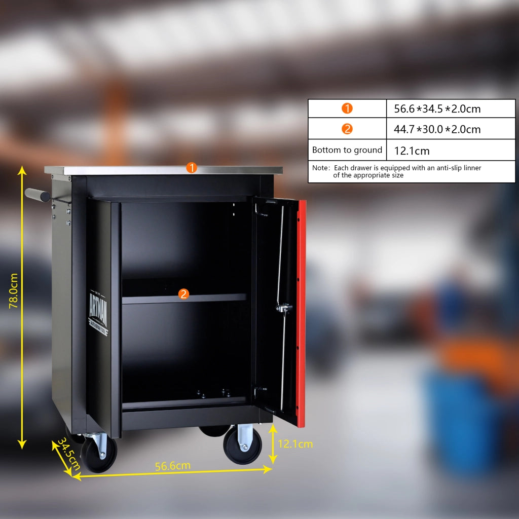 Carrello porta utensili a doppia anta con 4 ruote e serratura in acciaio nero e rosso 62,5 × 34,5 × 78 cm