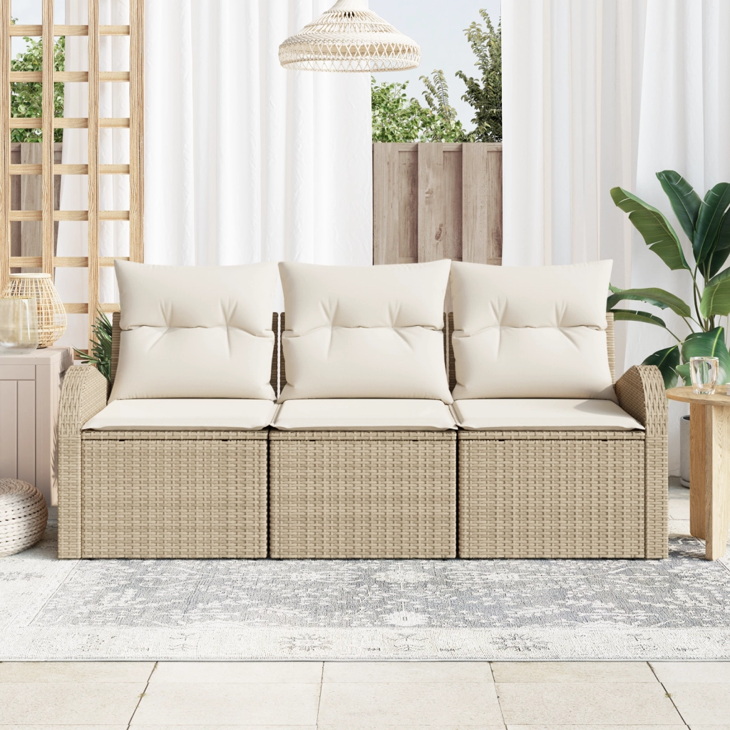 Set divano da giardino 3 pezzi con cuscini Beige Polyrattan