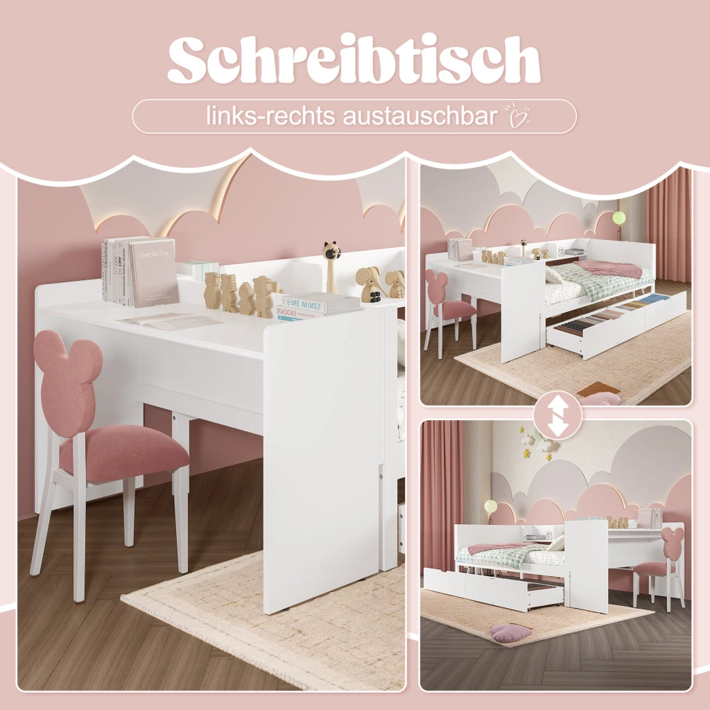 Letto singolo 90×200 cm con scrivania; 2 cassetti e ripiani; senza materasso; legno; bianco