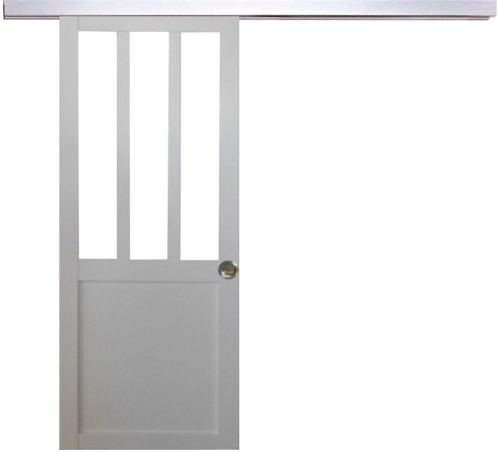 Porta scorrevole da officina rivestita di bianco, larghezza 73 + binario in alluminio + 2 gusci installati