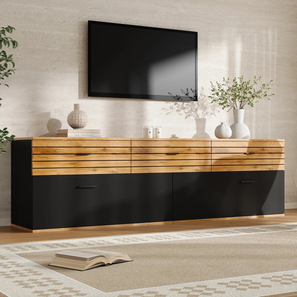 Mobile porta TV con 3 cassetti e 2 ante, 3 vani interni, per soggiorno, per tv fino a 65 pollici, 168 × 38 × 59 cm