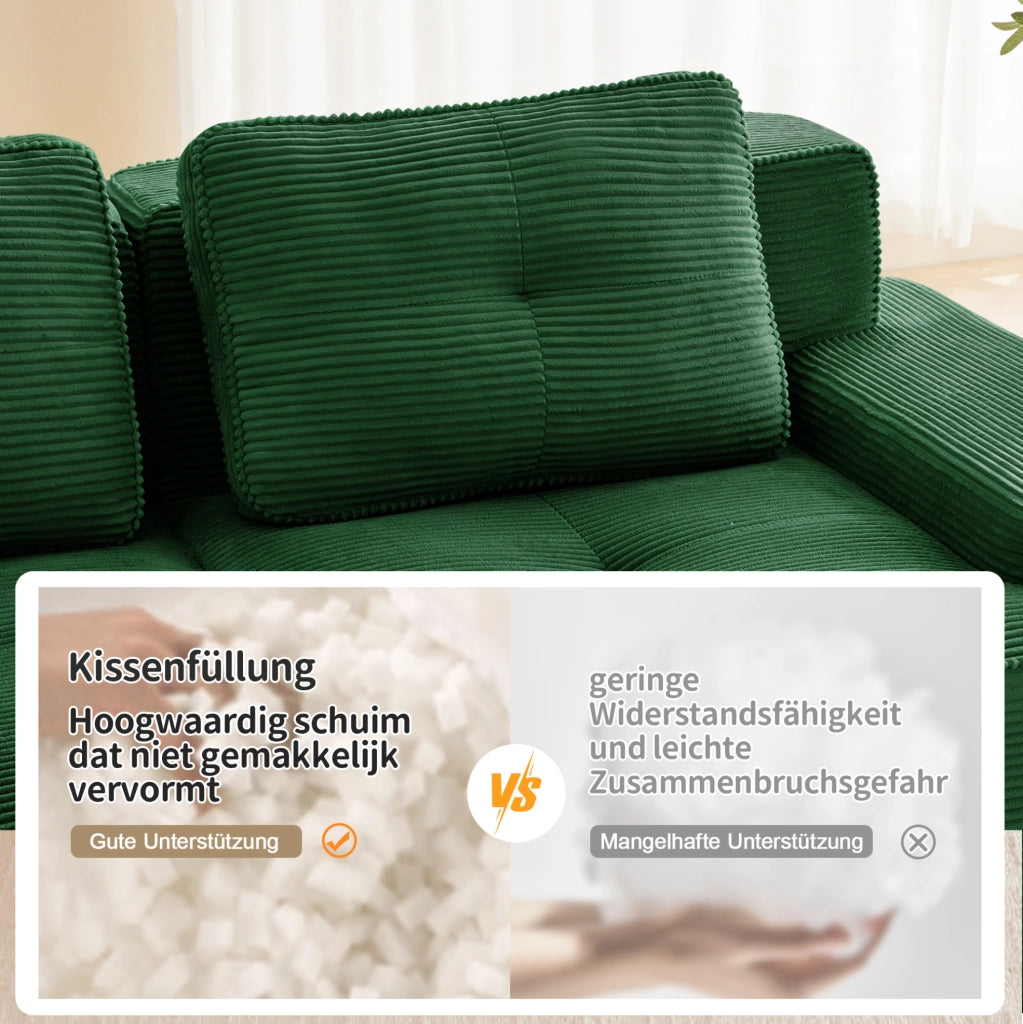 Divano modulare 293x177x69 cm in velluto a coste verde; design basso senza montaggio