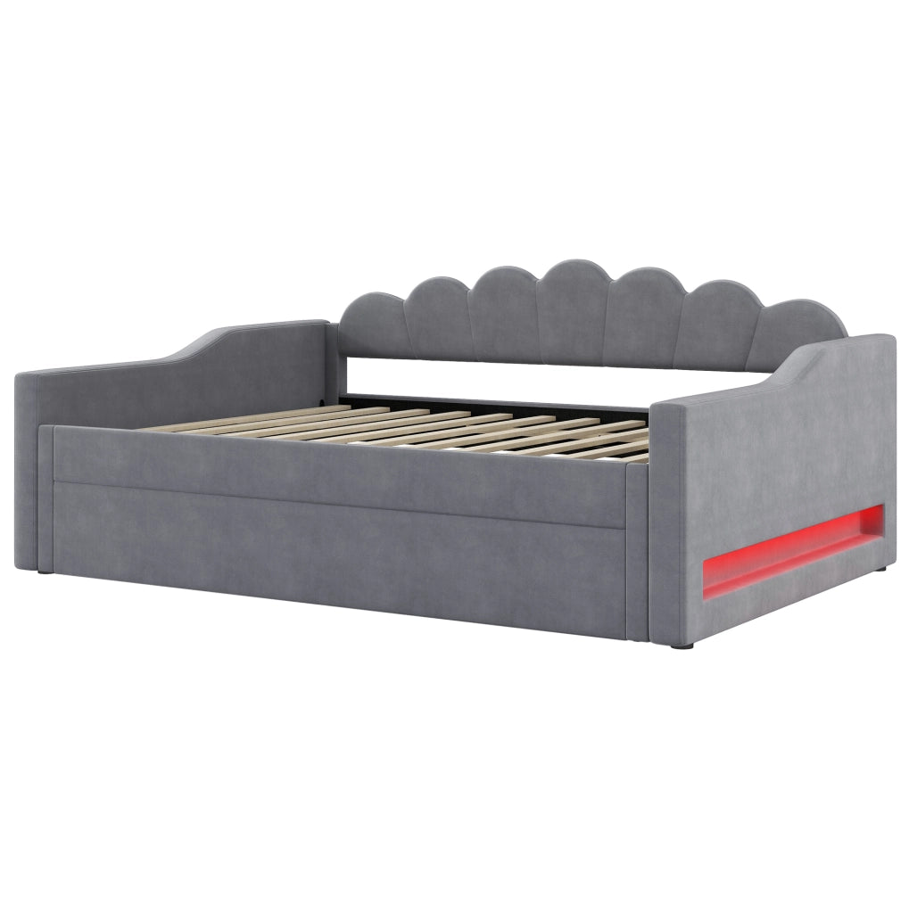 Letto imbottito 140x200 cm con LED e letto estraibile in MDF e compensato grigio