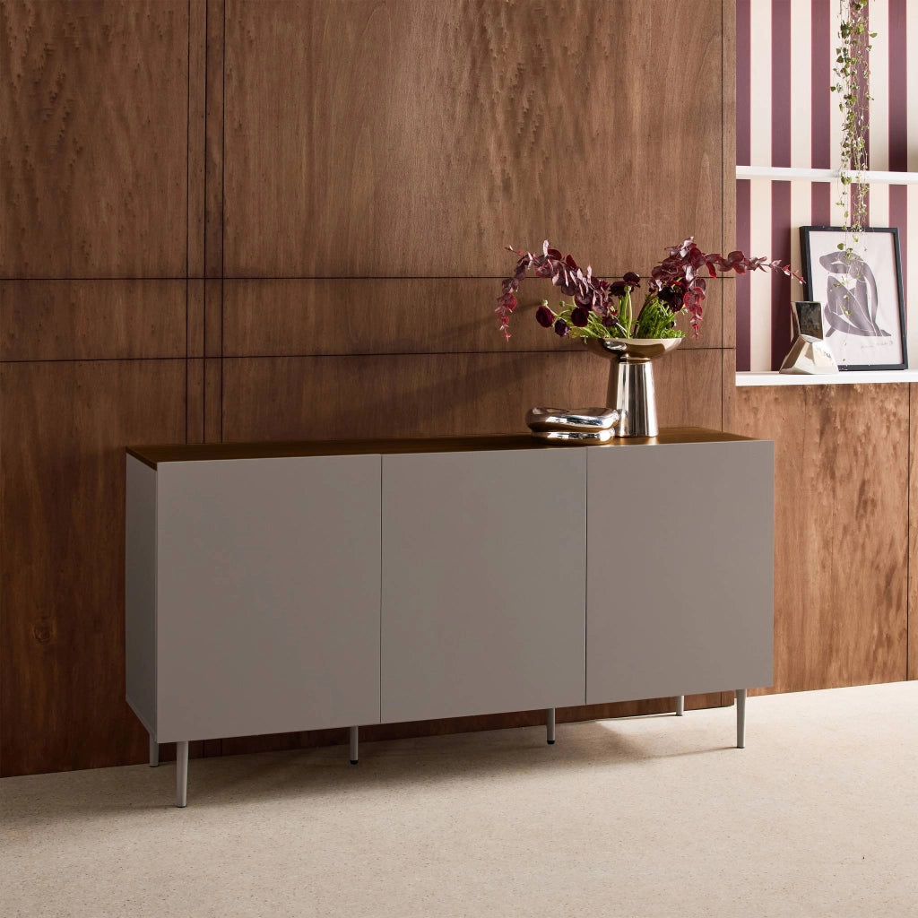 Credenza in metallo e decorazione in legno 3 ante, 150cm, grigio