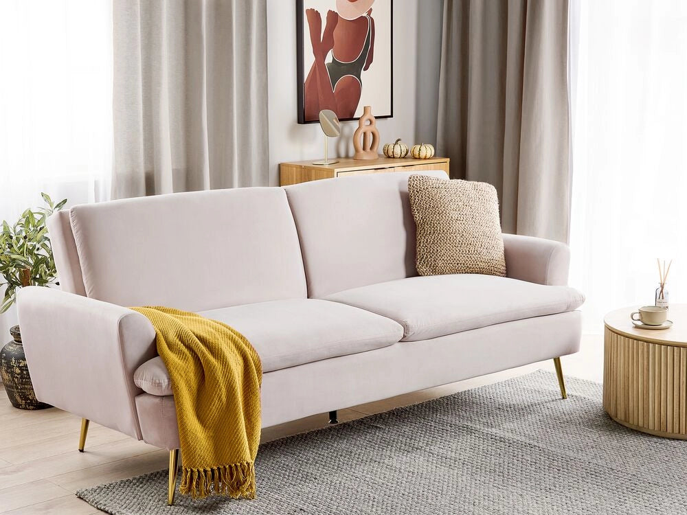 Divano Letto Velluto Beige 3 Posti Click Clack Gambe In Metallo Dorato