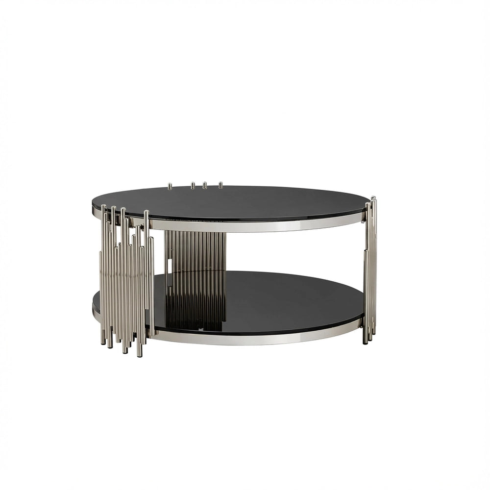 Tavolino da Caff¨¨ Rotondo in Vetro ¨C MINIMAL ¨C Nero, Piano Doppio, Base Acciaio, ?80 cm