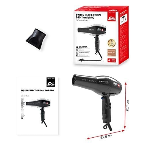 Solis 96812 Swiss Perfection 360 Asciugacapelli 2300 W Tecnologia IonicPRO Cavo 360° 3 Temperature 2 Velocita' Beccuccio per Styling incluso colore Nero