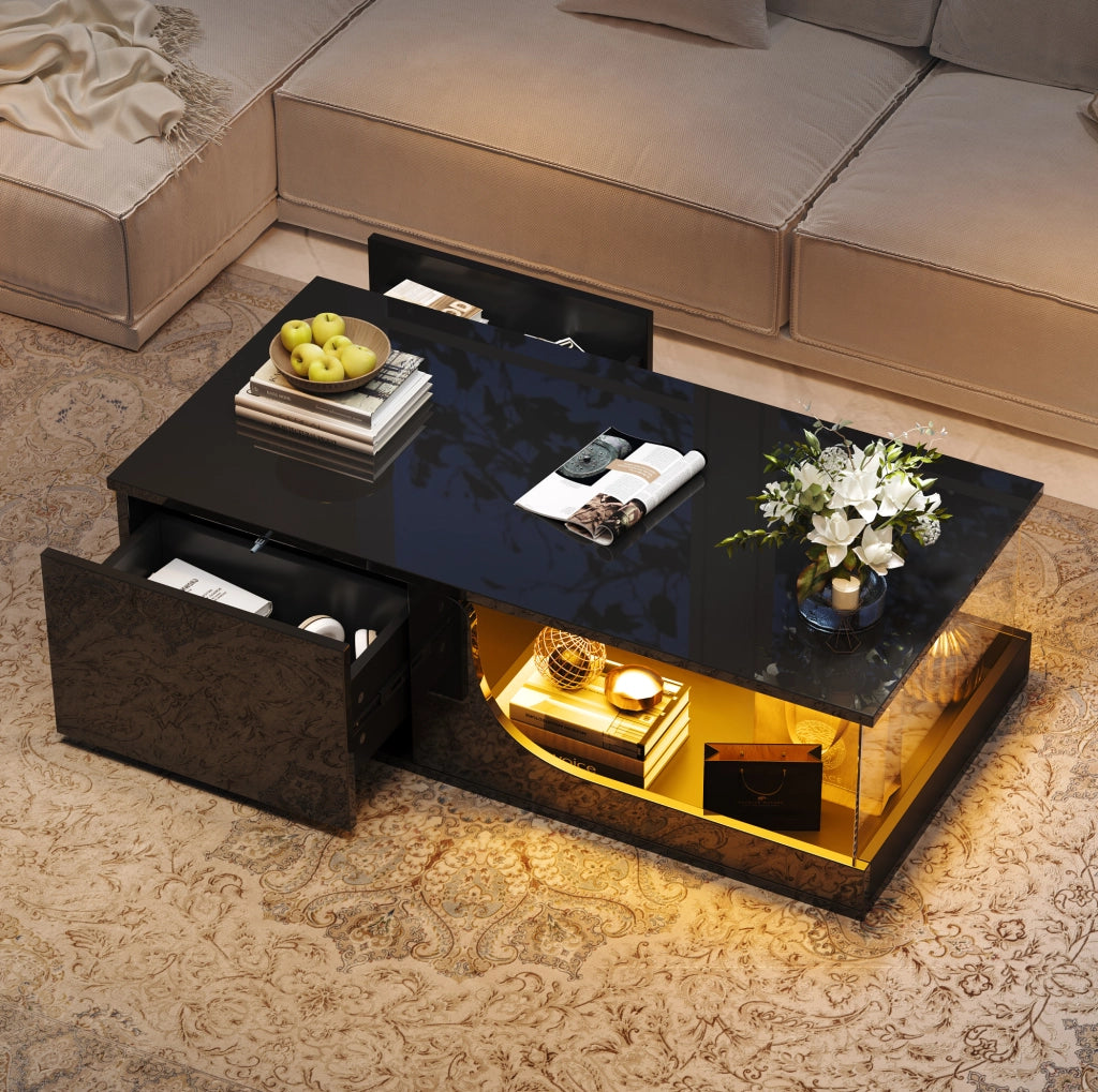 Tavolino nero 100x50x30 cm con 2 cassetti, LED USB e vetro temperato, MDF,