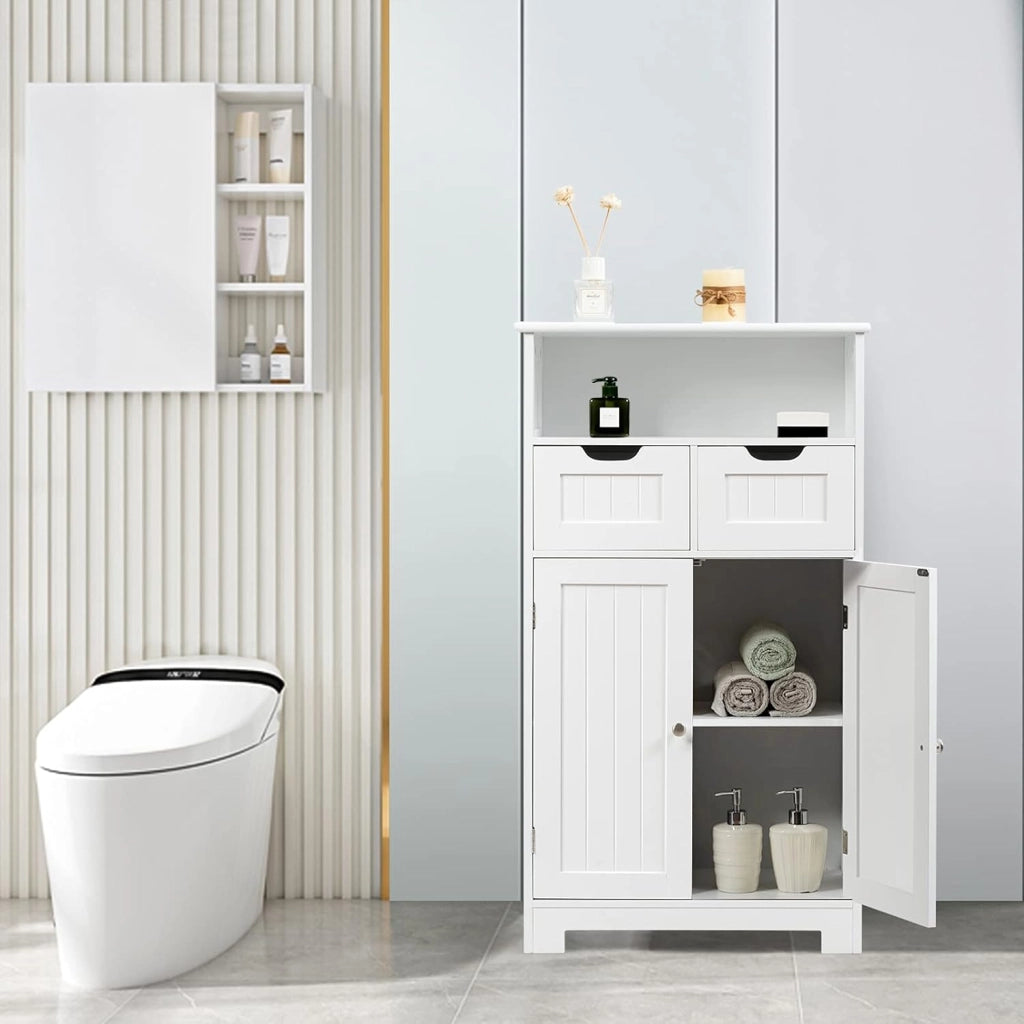 Armadietto Bagno da Terra, Mobiletto Autoportante, con Doppio Ante Legno, Cassetti Rimovibili e Ripiani Regolabili, 30x60x109 cm (Bianco)