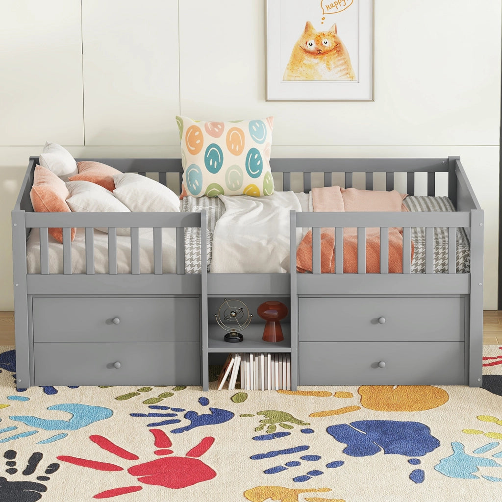 Letto a soppalco singolo 90×200 cm con 4 cassetti; spondali e scala; senza materasso; legno; grigio