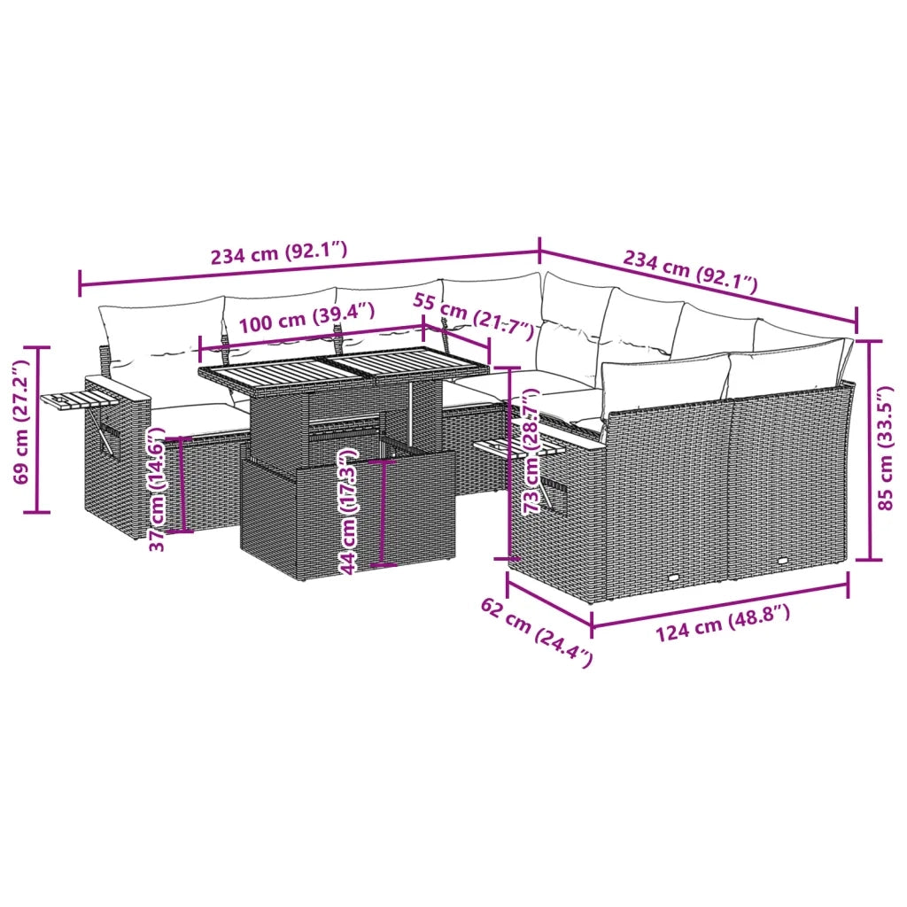 Set Divani da Giardino 9 pz con Cuscini Nero in Polyrattan