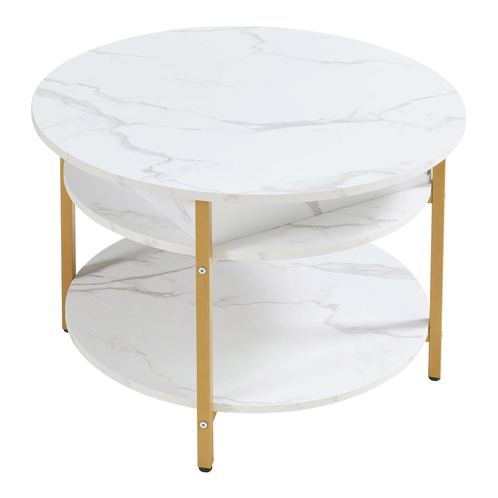 Tavolino da Caffè Kandas con Piano Rotondo Sollevabile (ØxA): 70x49 cm - Effetto Marmo Bianco [en.casa]