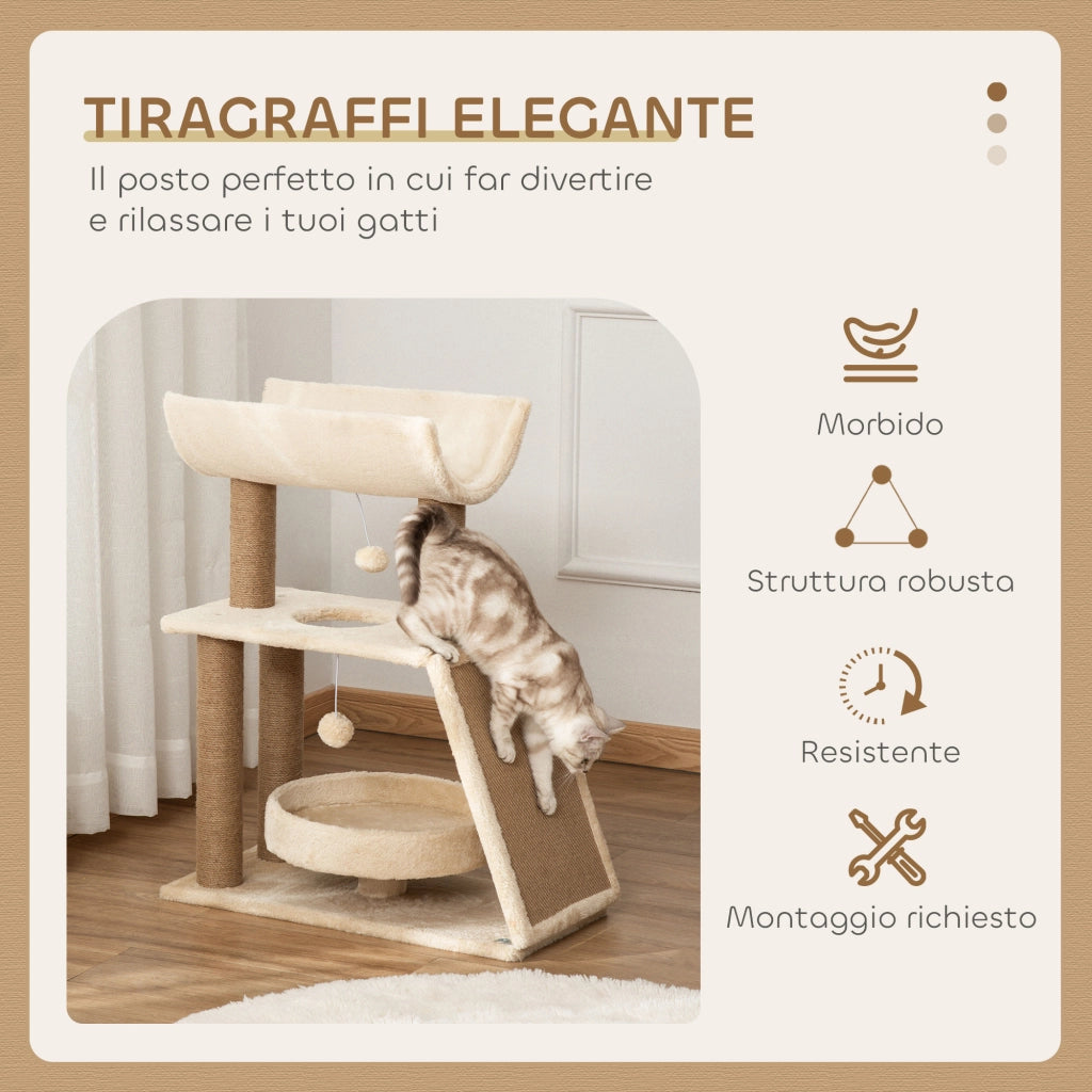 Cuccia per Gatti con Lettino e Tiragraffi ¨C Zephmum ¨C Legno, Peluche, Sisal, 60x30x76 cm, Marrone Chiaro