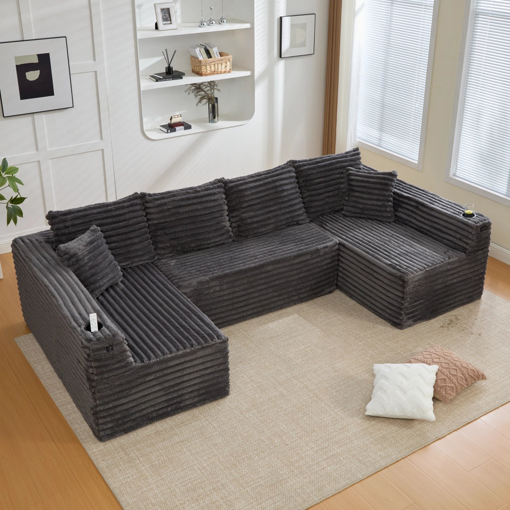 Divano modulare a U in corduroy con portabicchieri e tasca laterale cuscini grigio scuro 320 × 155 × 88 cm