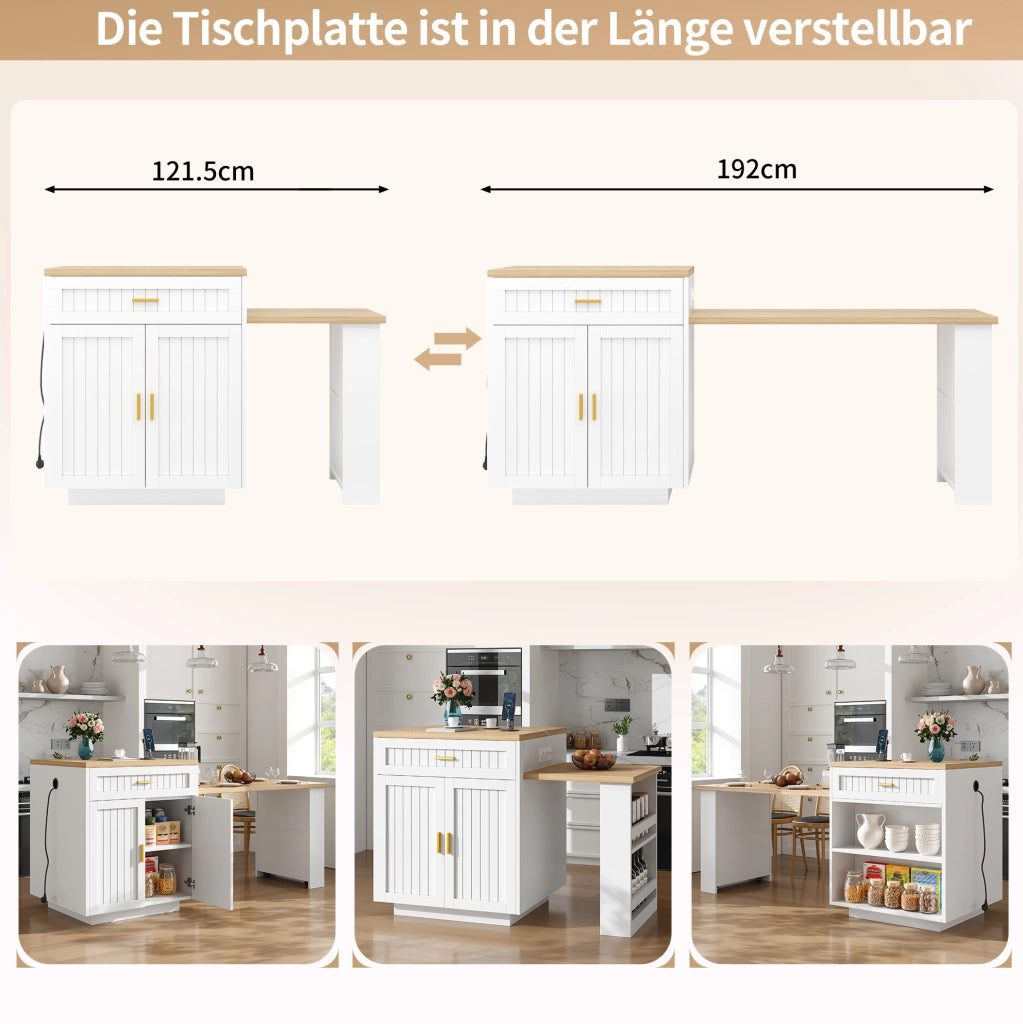 Isola cucina allungabile con presa integrata, 121,5-192 cm, bianca