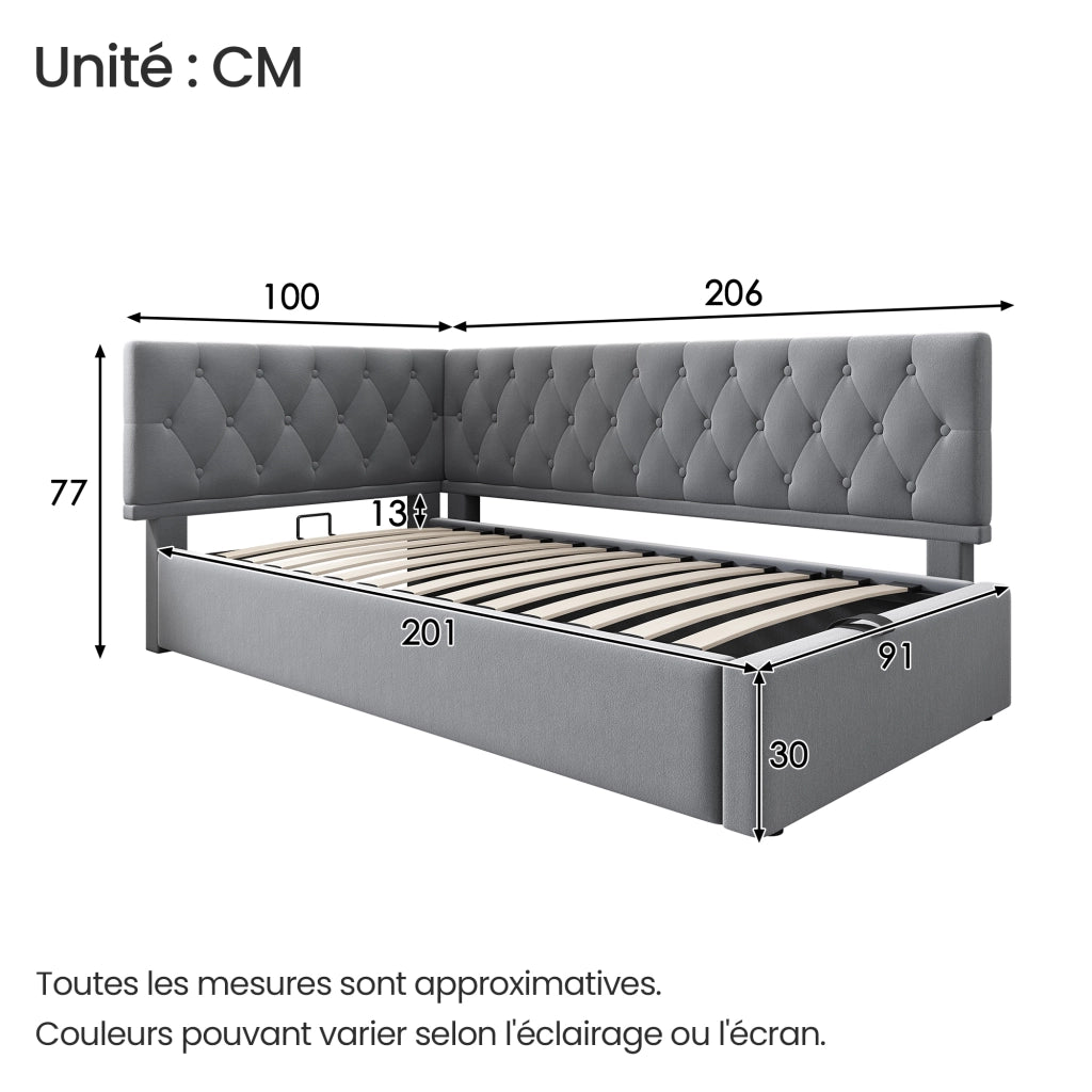 Letto contenitore singolo 90×200 cm con testiera reversibile e rete; senza materasso; velluto; grigio