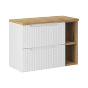 Set da bagno VANO bianco 80cm: mobile sottolavabo con cassetti e nicchie a vista + piano per lavabo effetto rovere c