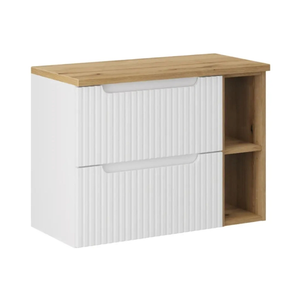 Set da bagno VANO bianco 80cm: mobile sottolavabo con cassetti e nicchie a vista + piano per lavabo effetto rovere c