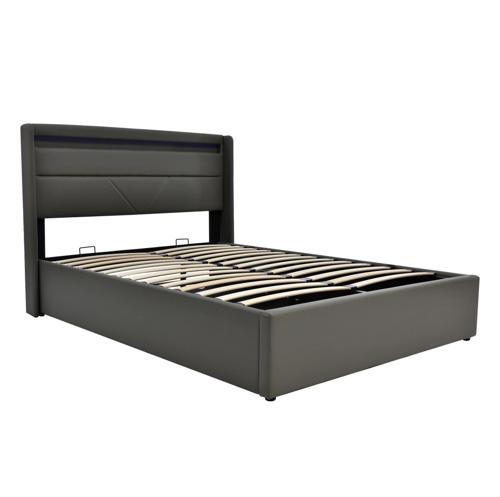 Letto imbottito 140x200 cm con contenitore; LED e sollevamento idraulico; PU grigio