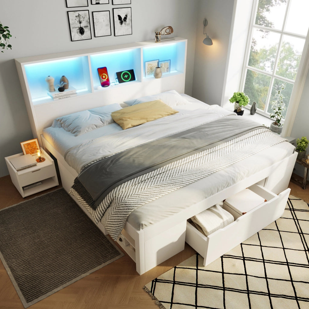 Letto Matrimoniale 140x190 cm; USB; Type-C; LED Regolabile e Mensole - in Legno - Bianco