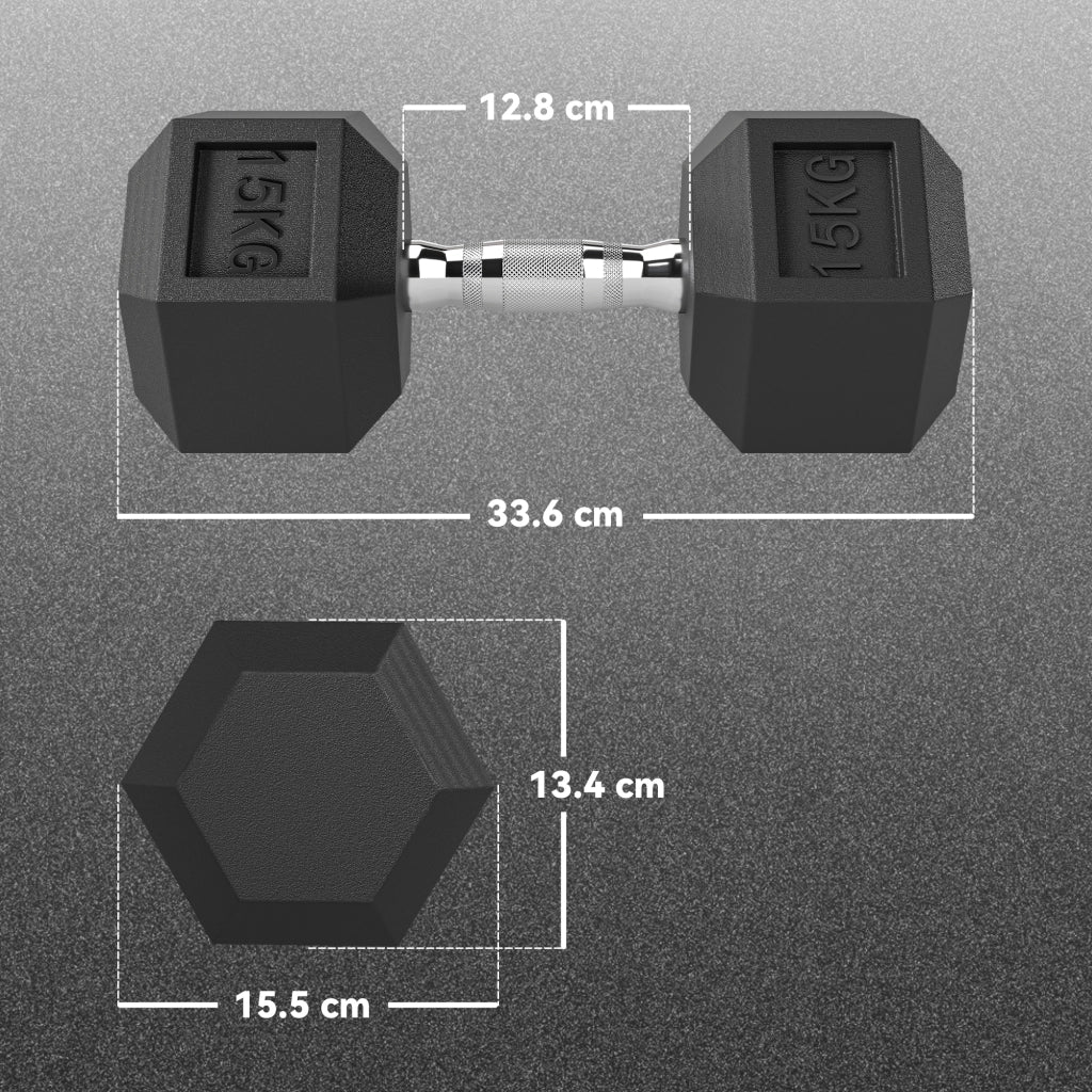 Set 2 Manubri Fitness da 15 kg Esagonali con Impugnatura Antiscivolo. in Acciaio e Gomma. ?15.5 x 33.6 cm. Nero