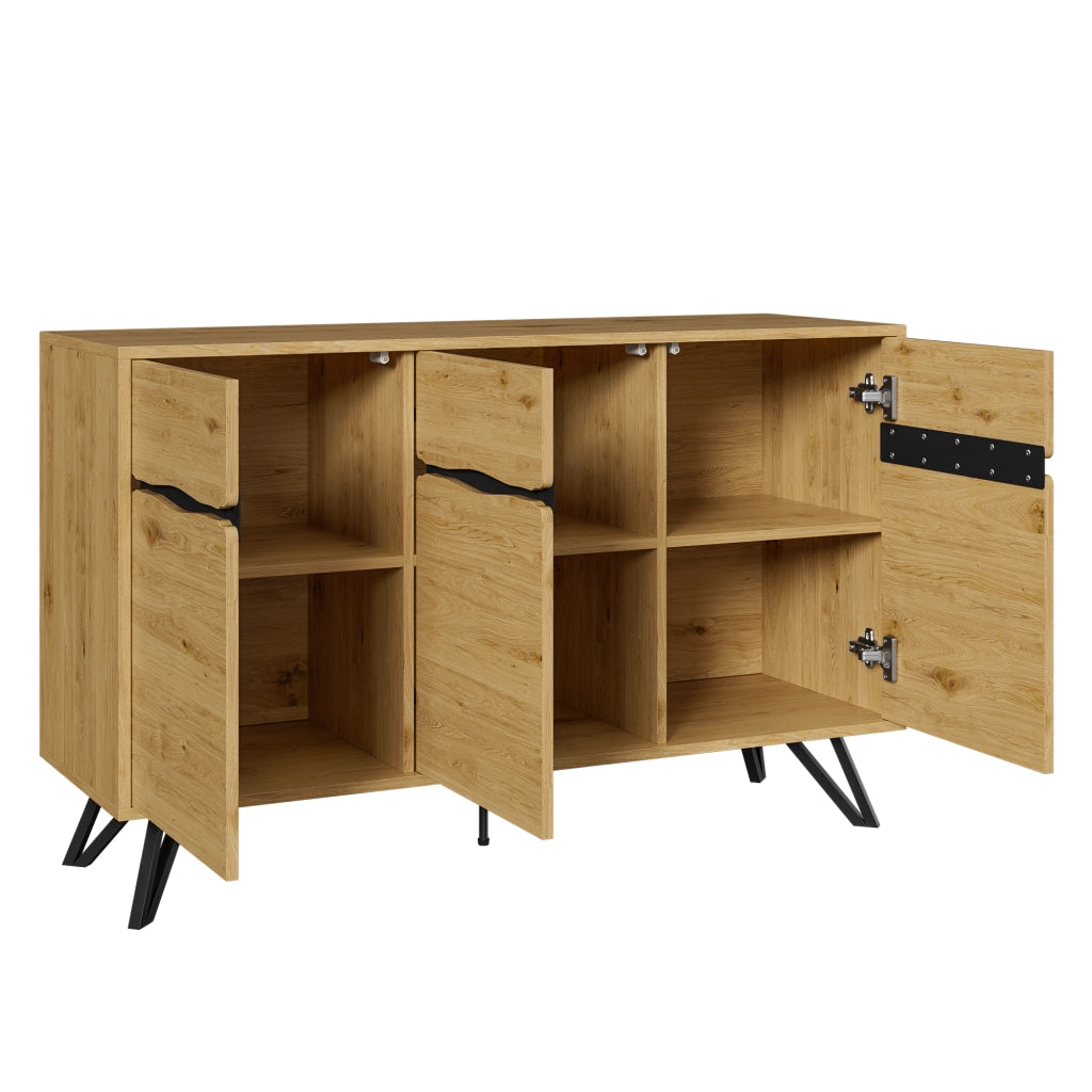 Credenza con 3 Ante e Gambe in Metallo; Design Moderno; in Pannello Truciolare; Nero; 140??40??75;5 cm