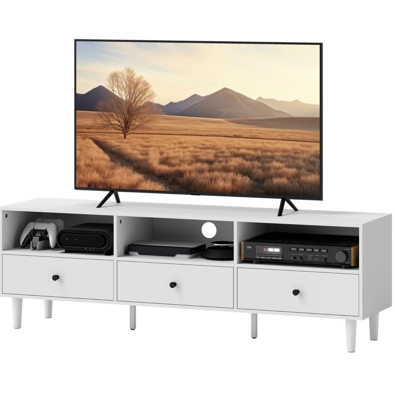 Mobile TV 140x34x45 cm con 3 ripiani aperti e 3 cassetti in legno bianco