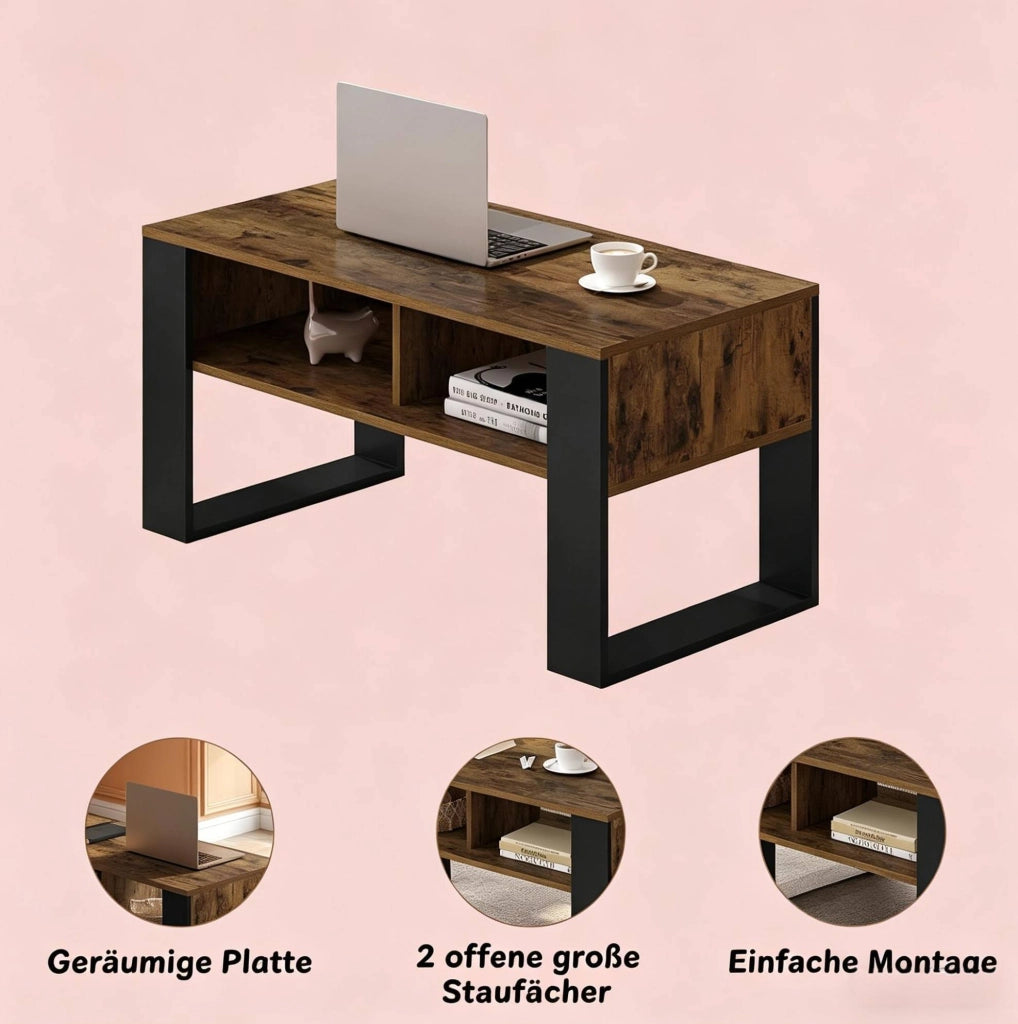 Tavolino da caffè 90 x 45 x 45 cm con 2 vani aperti; nero e marrone rustico
