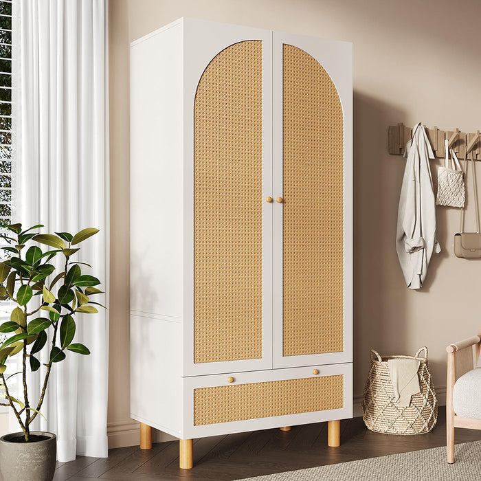 Armadio guardaroba 2 ante con vimini - Xylo - stile cottage, grande cassetto, ripiani regolabili, bianco, 180x85x52 cm