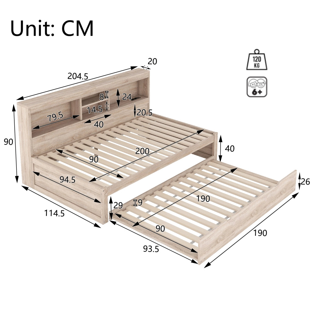 OKWISH Letto a Divano 90×200 cm, Letto Singolo con LED Regolabile, Presa e USB, Letto Estraibile 90×190 cm, senza Materasso, Naturale