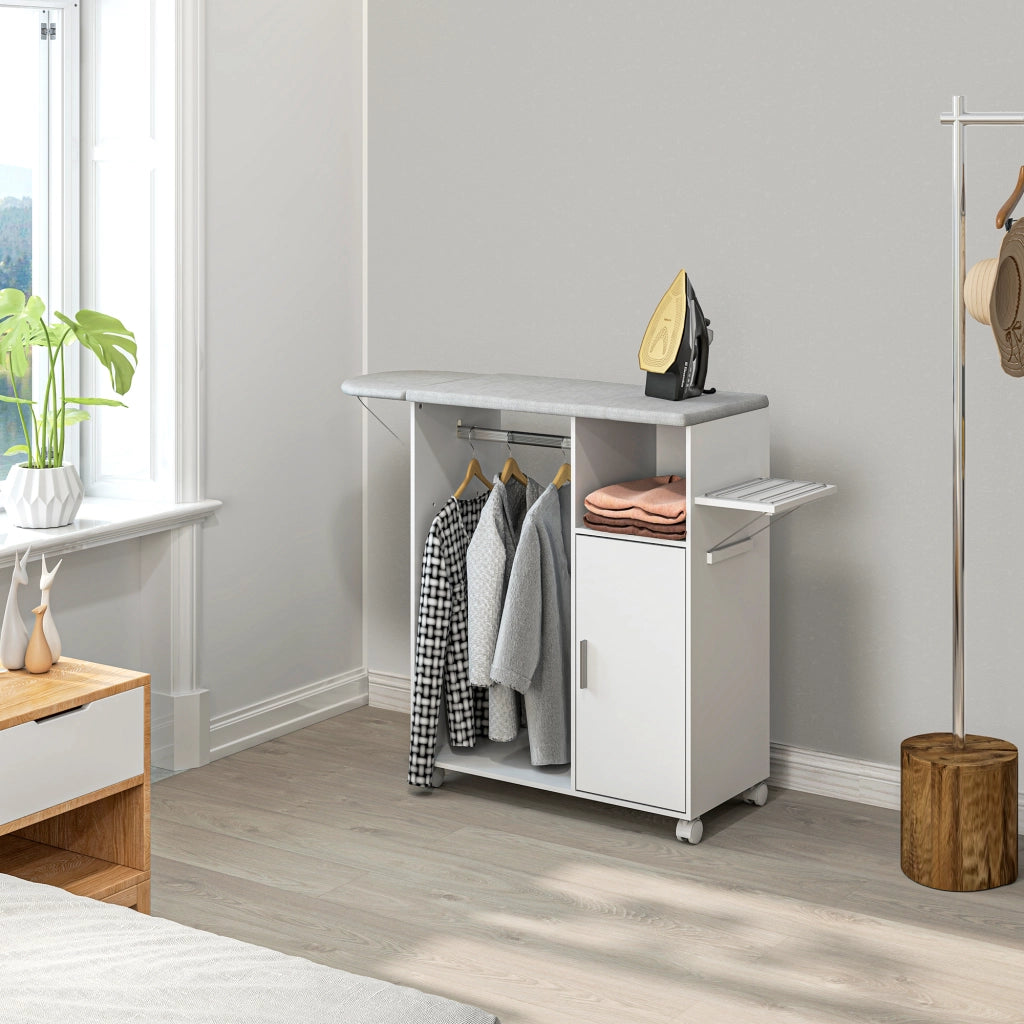 Mobile Asse da Stiro con Piano d'Appoggio, 3 Ripiani a Cubo e Guida, 127x42.5x99cm, Bianco
